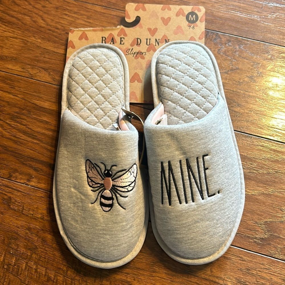 Rae Dunn Slippers Women Gray Bee Mine House Shoes Gray Slide NWT